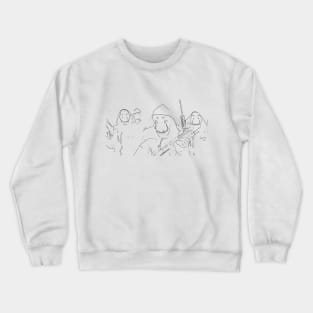 Four members with Salvador Dalí masks, red suits, mustache and machine guns as a black outline sketch money heist (vers. 1) Crewneck Sweatshirt